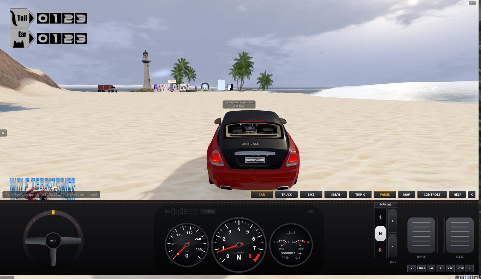 A red Rolls-Royce coupe on the Sandbox beach with the car dashboard across the bottom of the screen: steering wheel, speedometer, rev counter, information dial, manual gear lever, brake and accelerator pedals, and the lamp buttons.