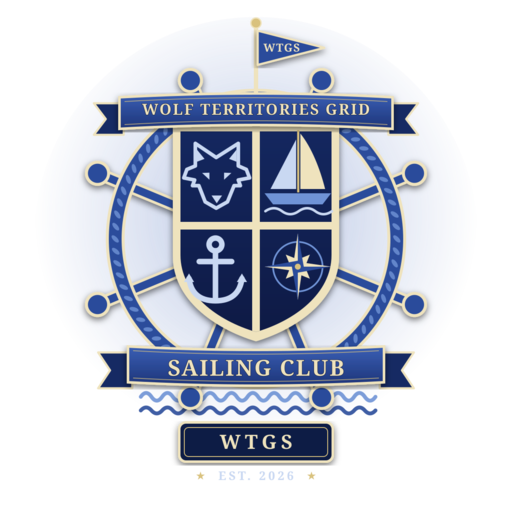 The WTGS crest: a navy and cream shield quartered with a wolf head, a sailboat, an anchor and a compass rose, set on a ship's wheel under a WTGS pennant, with the banners Wolf Territories Grid and Sailing Club